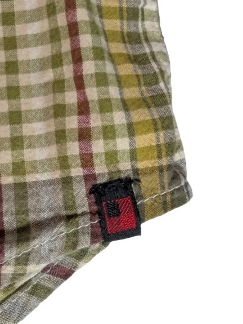 Woolrich Men's Size L Plaid Short Sleeve Button Down Shirt 100% Cotton Green Tan